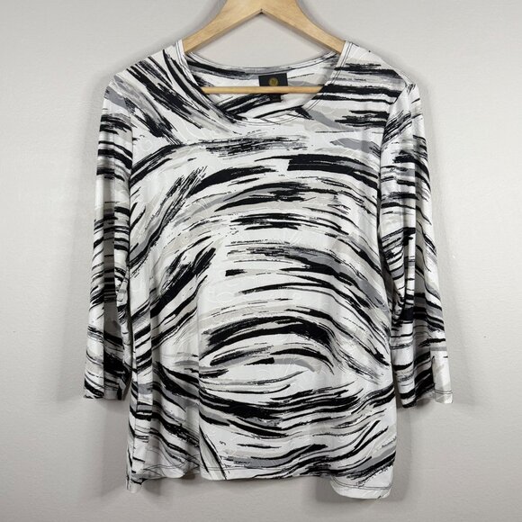 JM Collection Womens P/L Black & White Abstract Print Top With 3/4 Sleeves - Picture 1 of 11